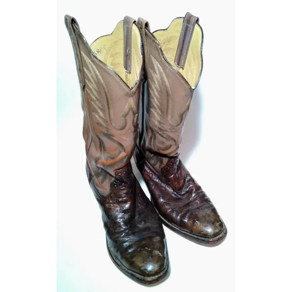 Luskey’s Brown Two Tone Ostrich Skin Cowboy Western Boots Men's Est. Size 8 M